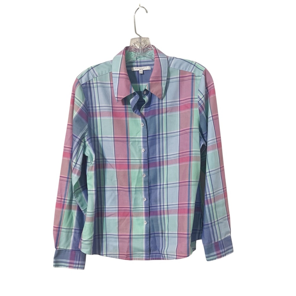 Foxcroft Pastel Plaid Button Up Womens Shirt Size 12P EUC Easter Spring Casual